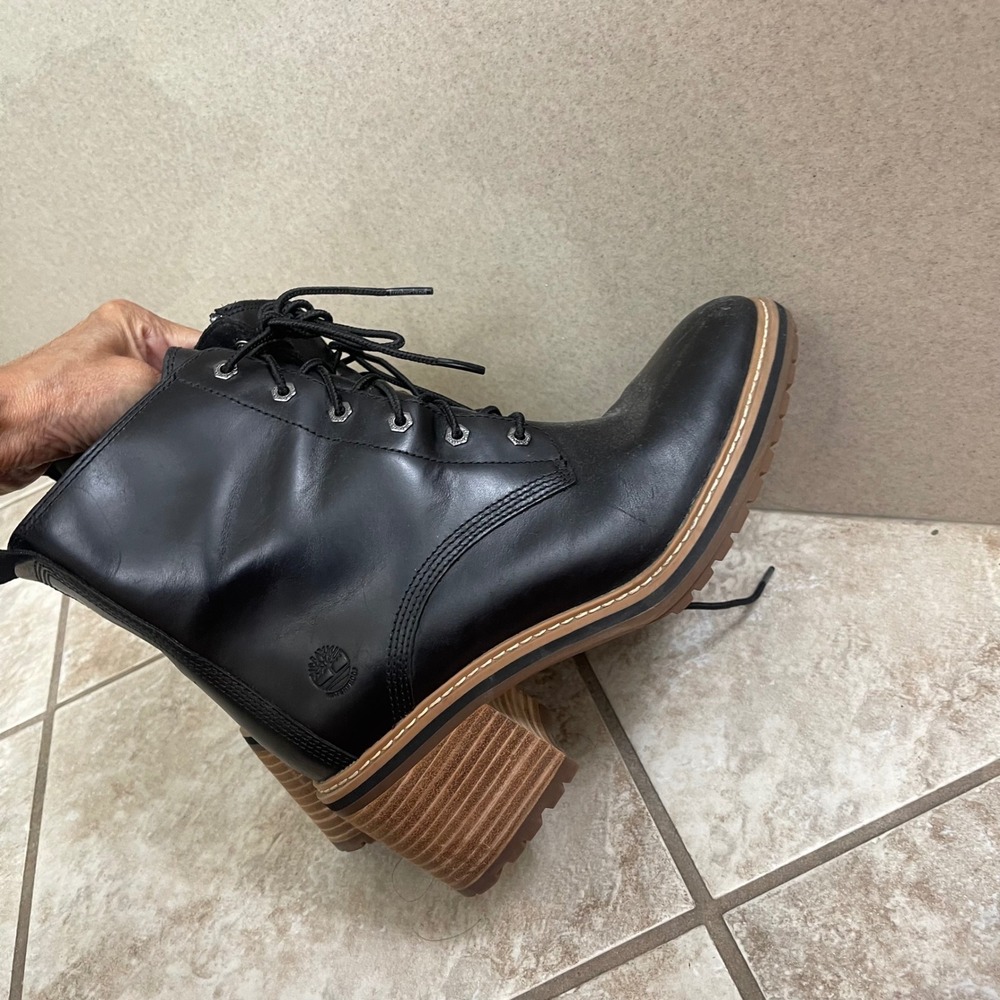 Timberland Sienna High Black Leather Lace Up Side Zip Block Heel Boots Women 8.5 - Picture 6 of 11